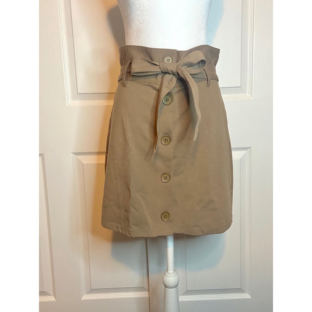 Khaki Tan High Waisted Paperbag Button Front Midi Office Safari